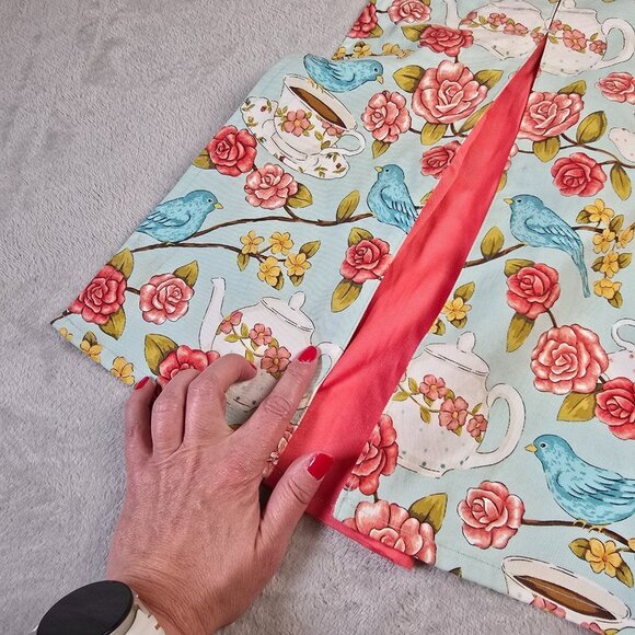 Ritz Apron Half Bluebird Rose Teapot Print Aqua Pink Vintage Cottagecore Kitchen - Picture 4 of 11